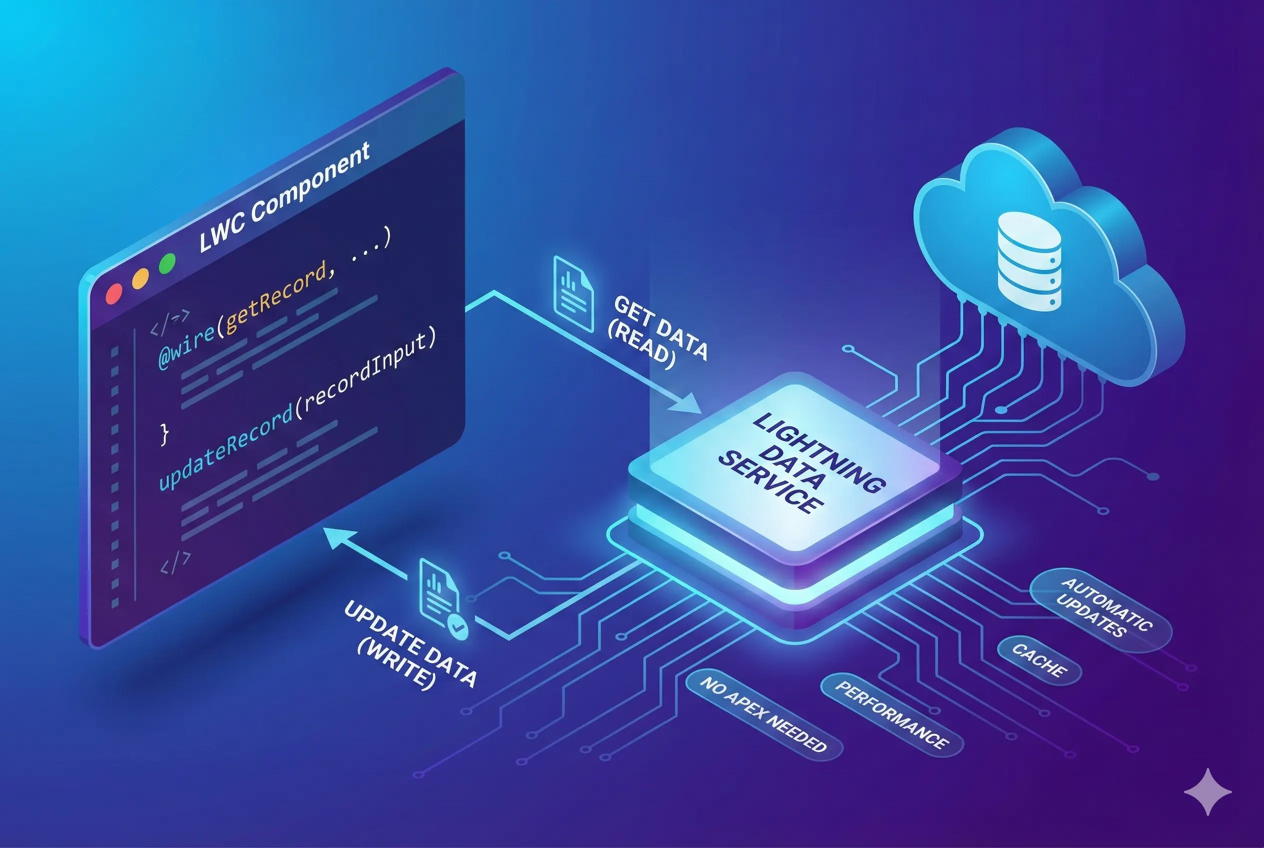 Demonstrates how to use lightning data service to get data and update data using lightning web components.