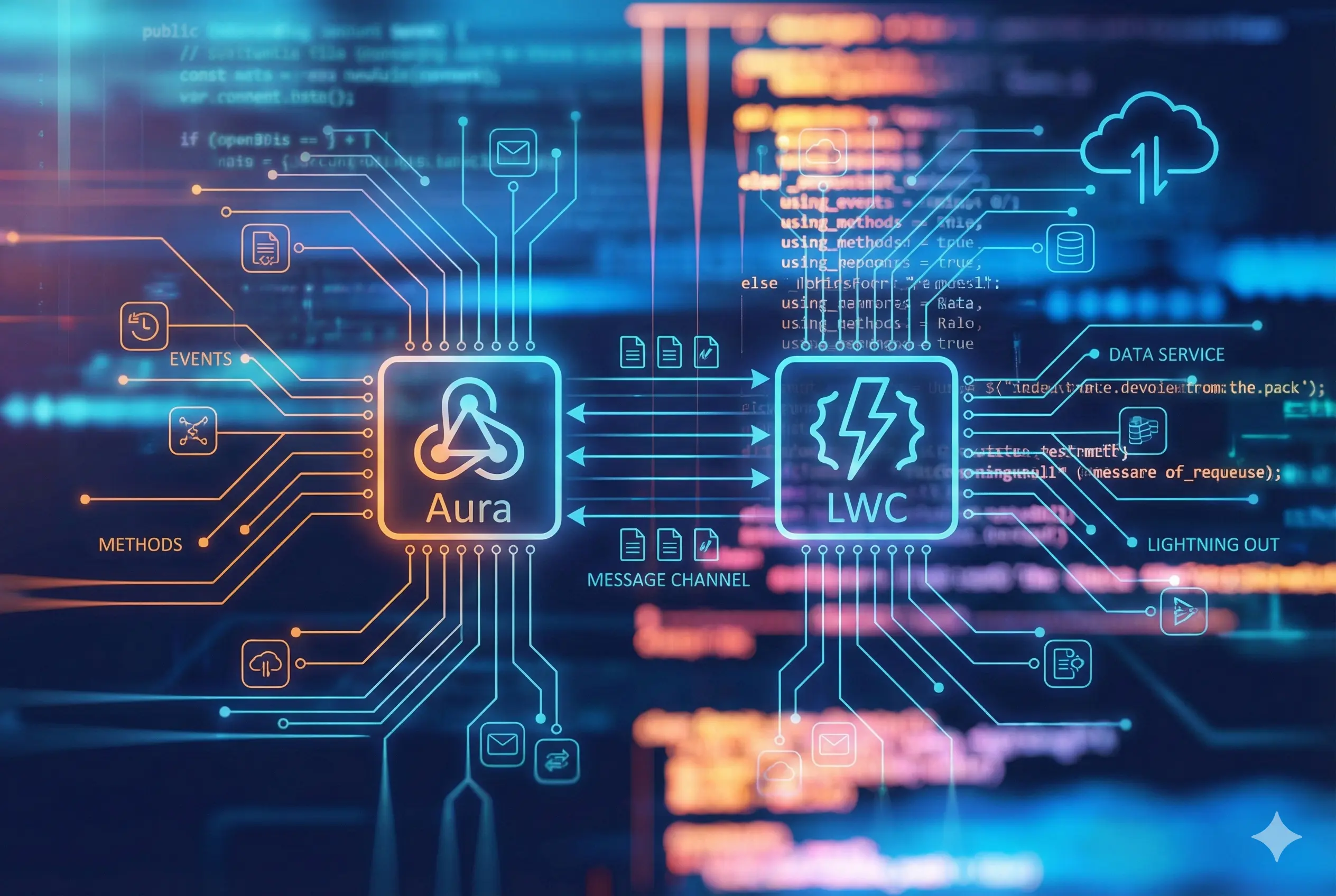 Explains all different ways to communicate between lightning components (LWC, Aura) and visualforce with code samples.