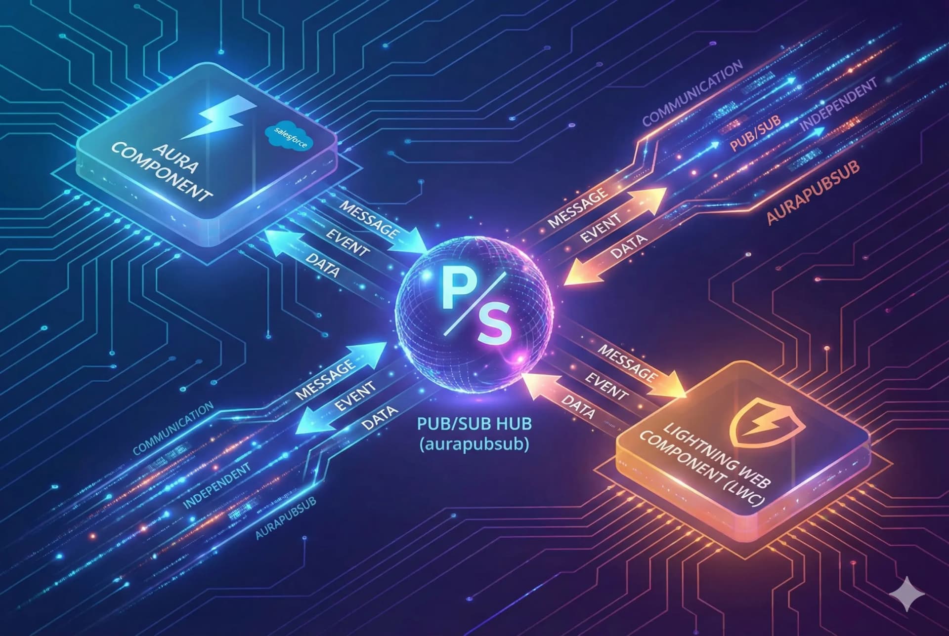 Communication between independent lightning web component and Aura component - aurapubsub.