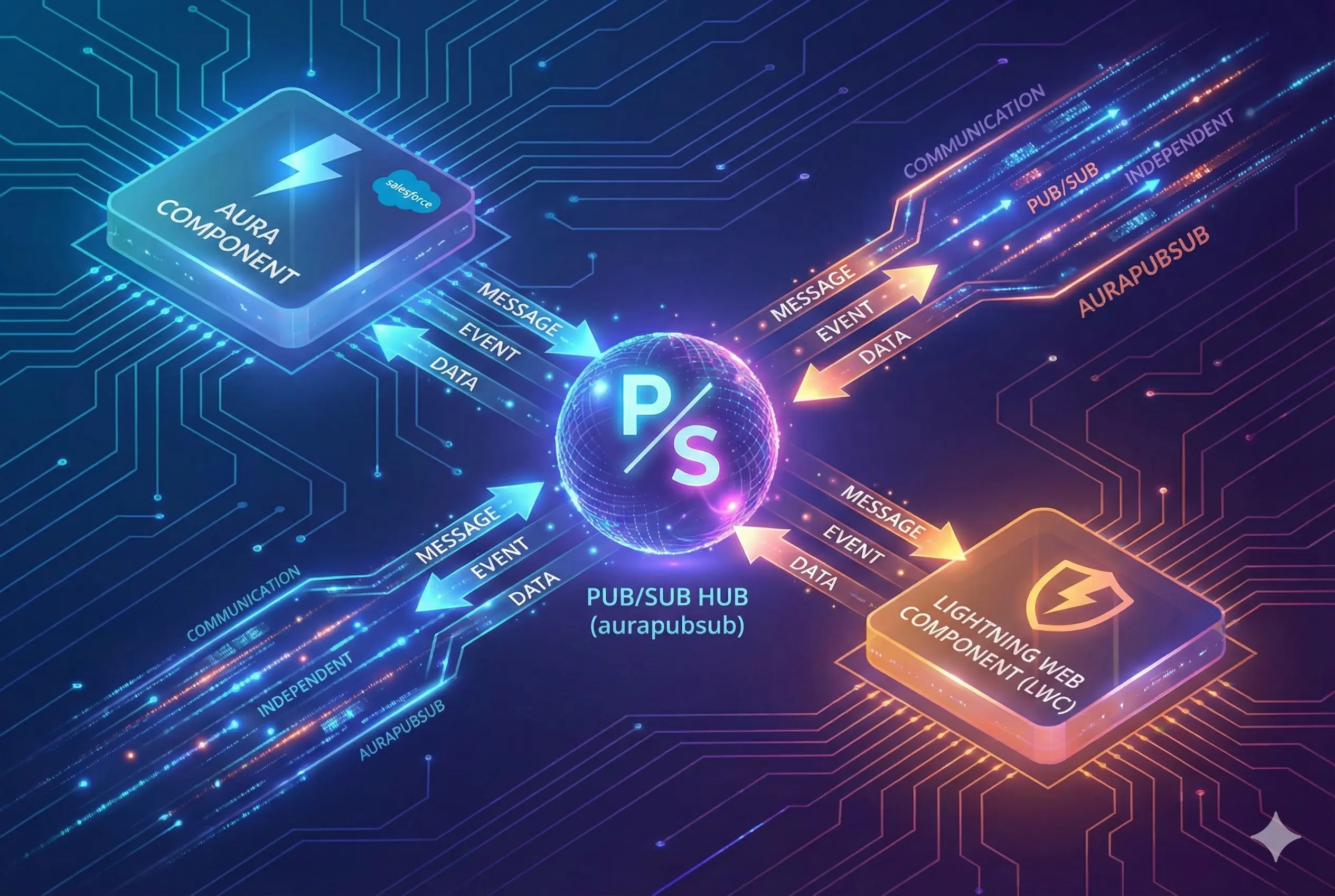 Explains how to communicate between independent aura and lwc components. You need to use pubsub and aurapubsub libraries.