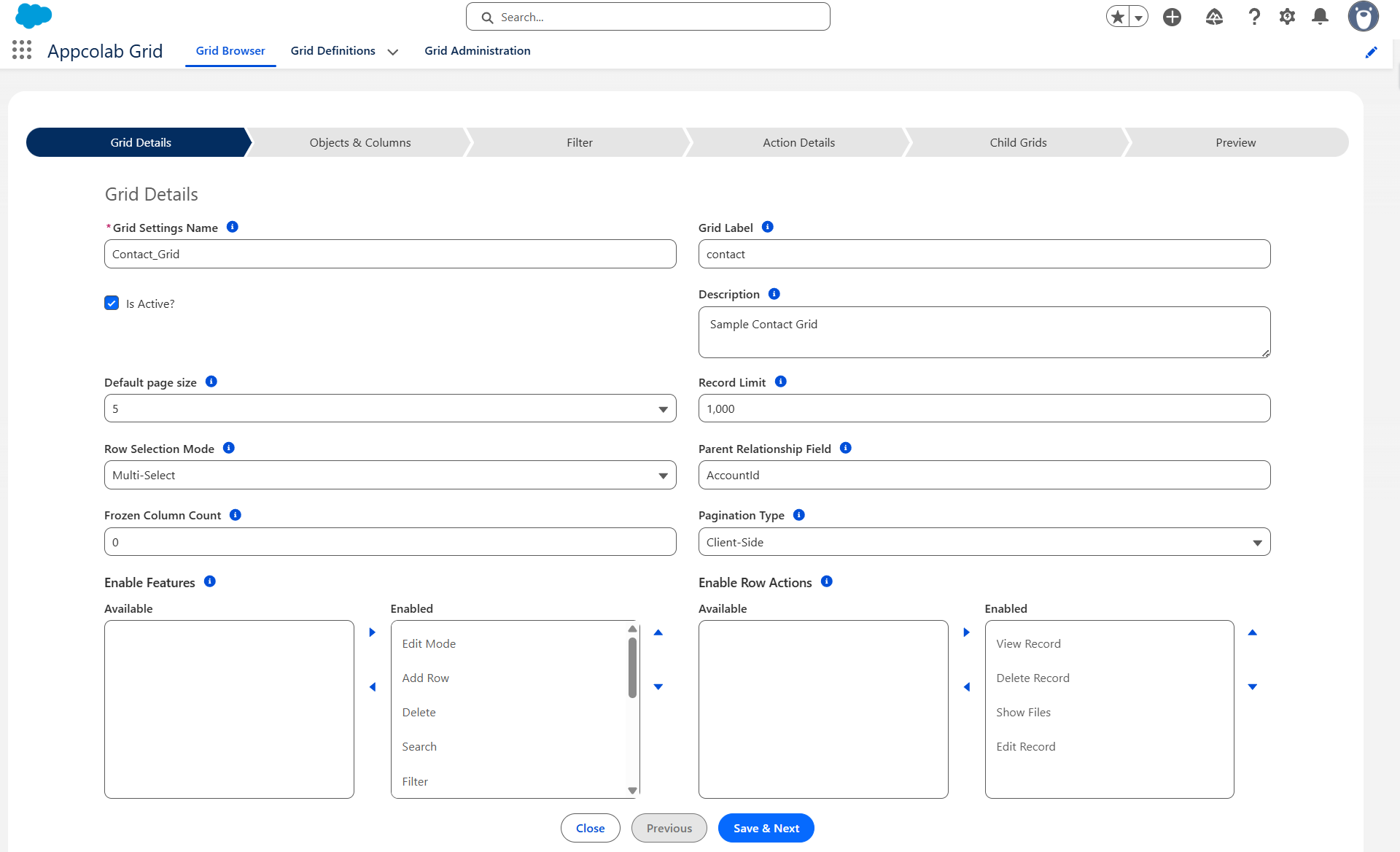 Grid Details Tab