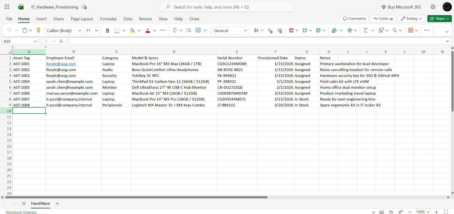 Microsoft Excel Online workbook in OneDrive
