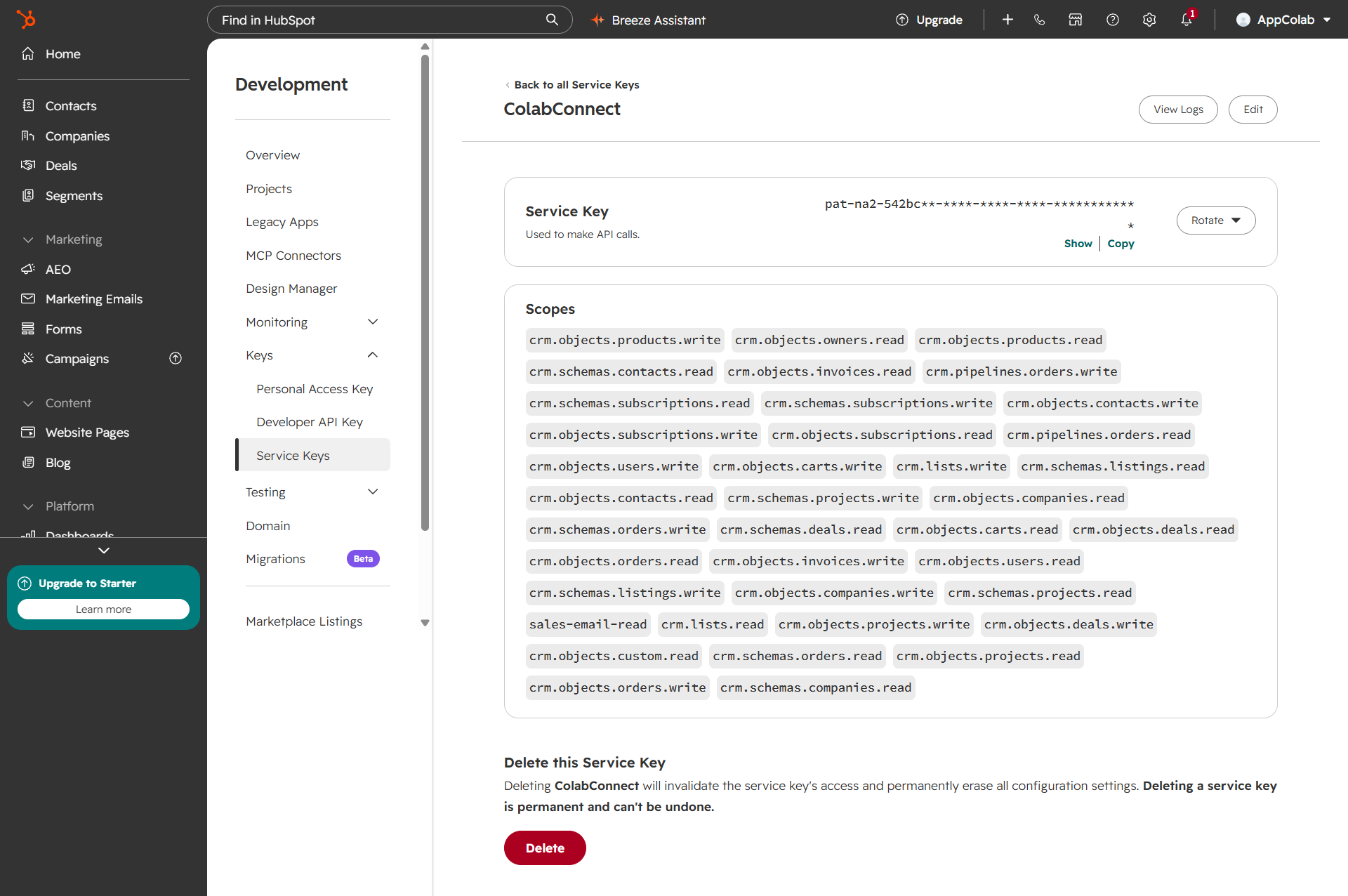 HubSpot Service Key & Token Setup