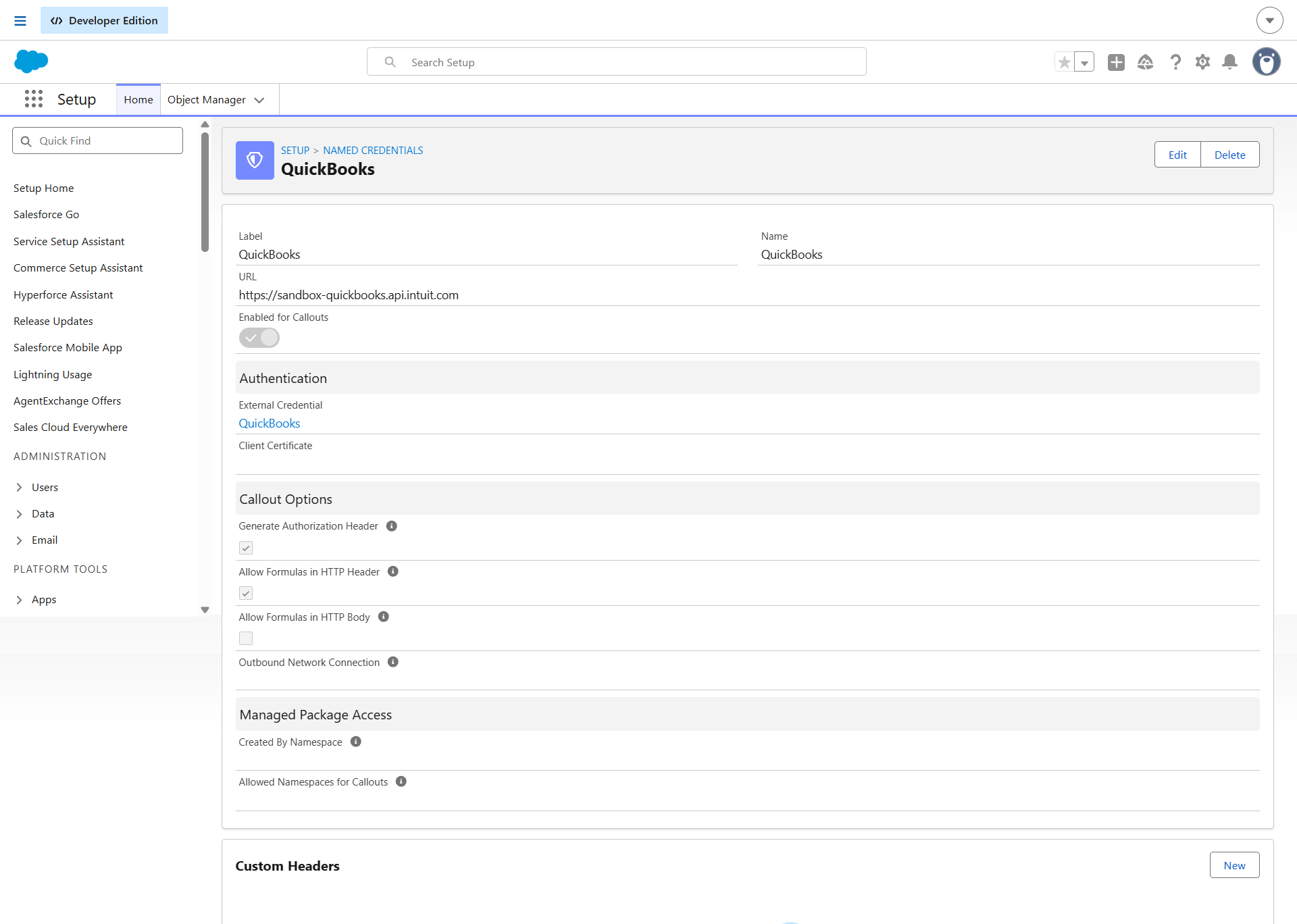 QuickBooks Named Credential Setup