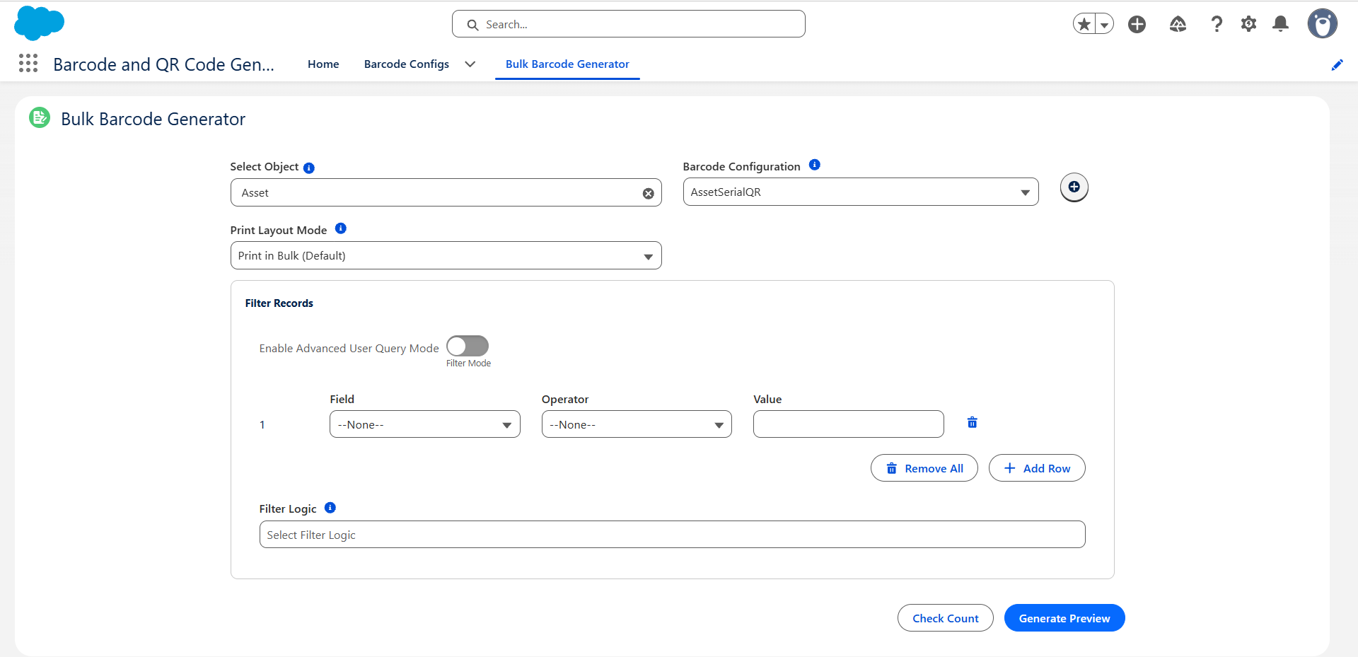 Bulk Barcode Generator configuration placeholder
