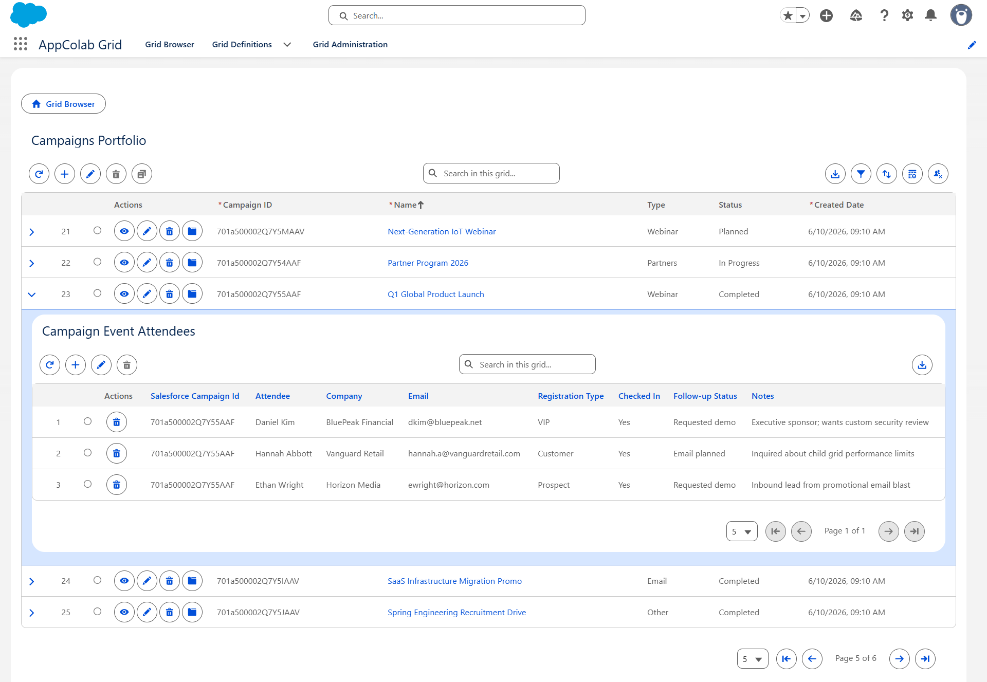 Google Sheets rows displayed as a child grid