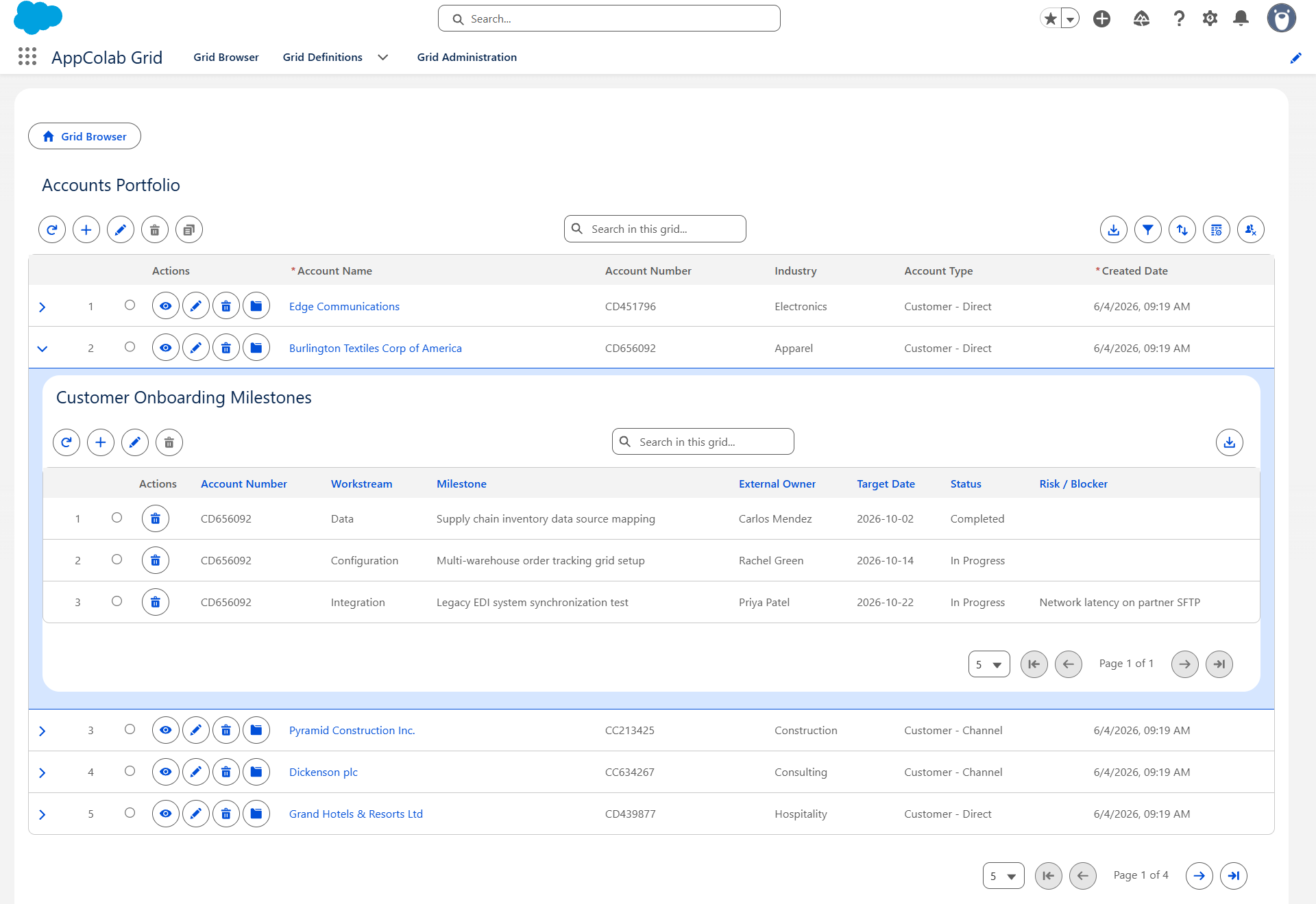 Related records displayed in an AppColab child grid