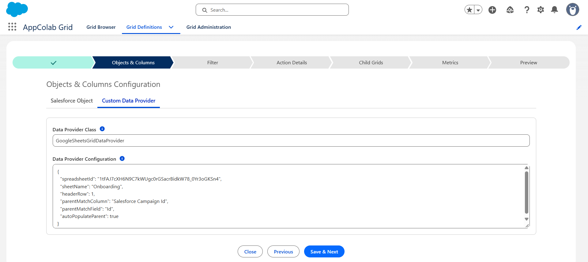 Google Sheets Grid Definition configuration