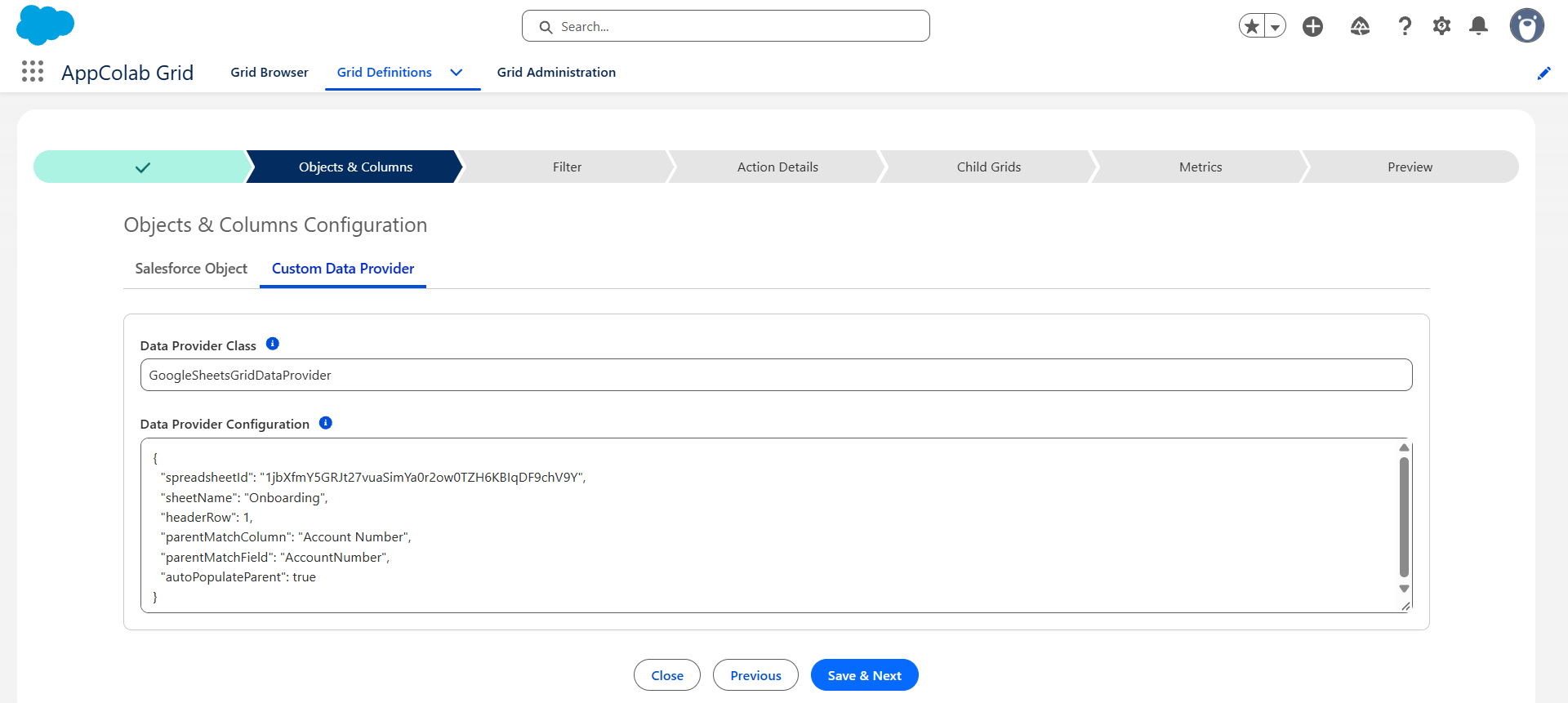 Google Sheets Grid Definition configuration
